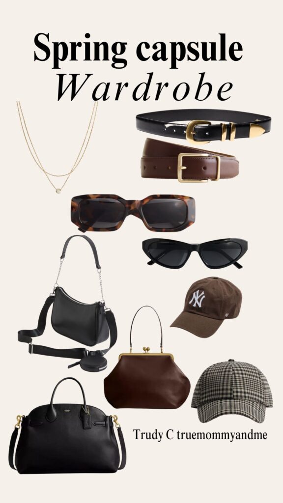 a collage accessories such as baseball caps, cross body bags sunglasses black and brown belts with gold detail and gold necklaces
