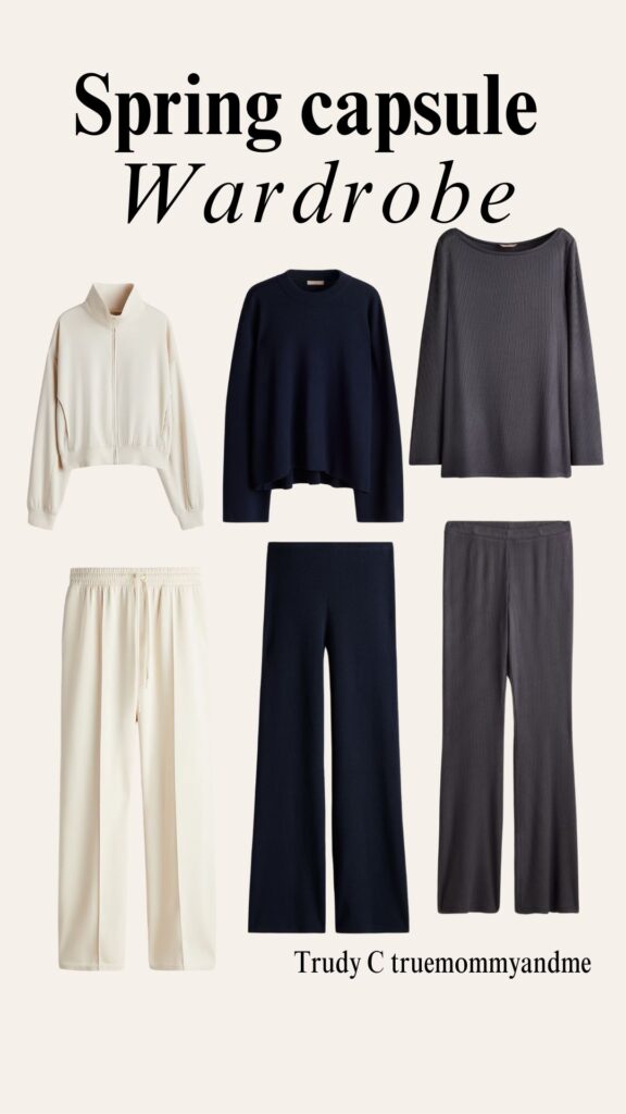a collage of match lounge wear sets. first set is cream color pants and cream zipper jacket. second set is navy blue sweater and knit pants. third set is charcoal grey long sleeve and pant knit material.